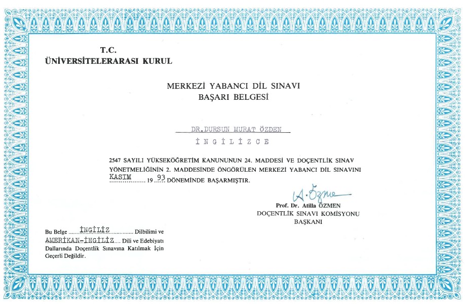 Üniversitelerarası Kurul, Kasım 1993, Merkezi Yabancı Dil Sınavı Başarı Belgesi