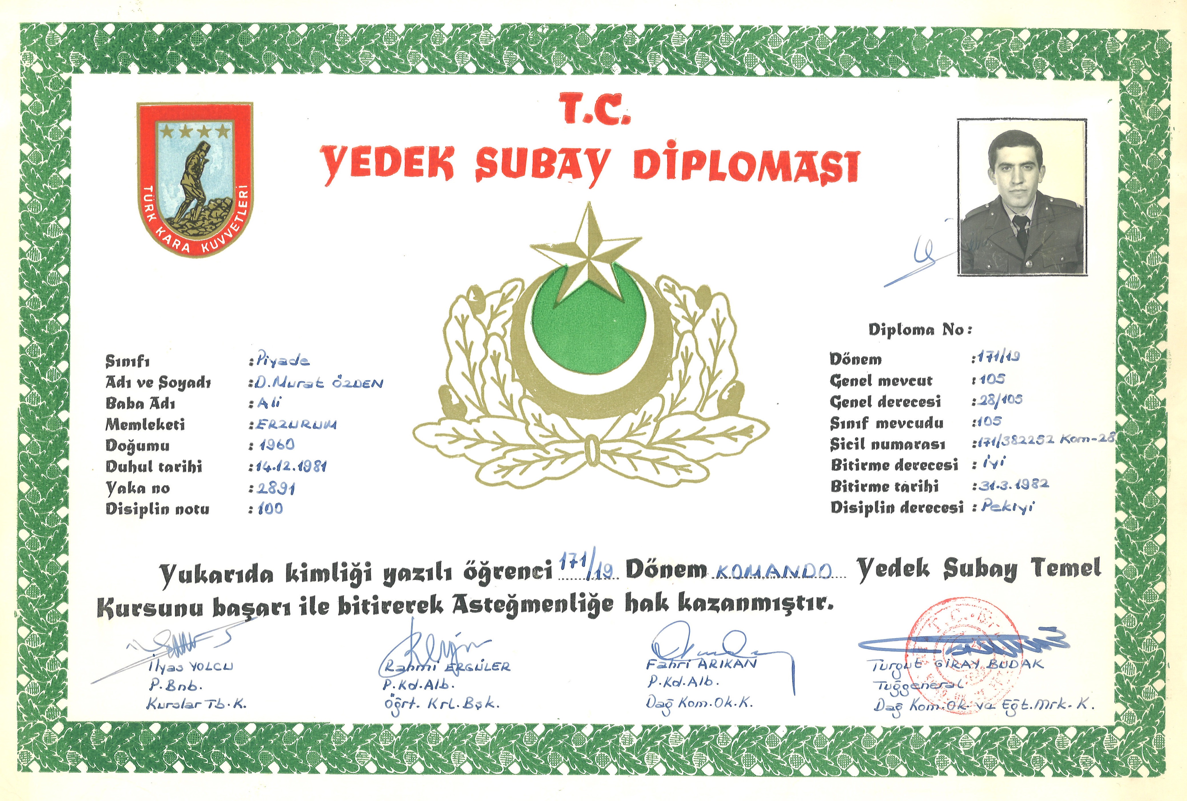 Eğirdir Dağ Komando Okulu Yedek Subay Diploması
