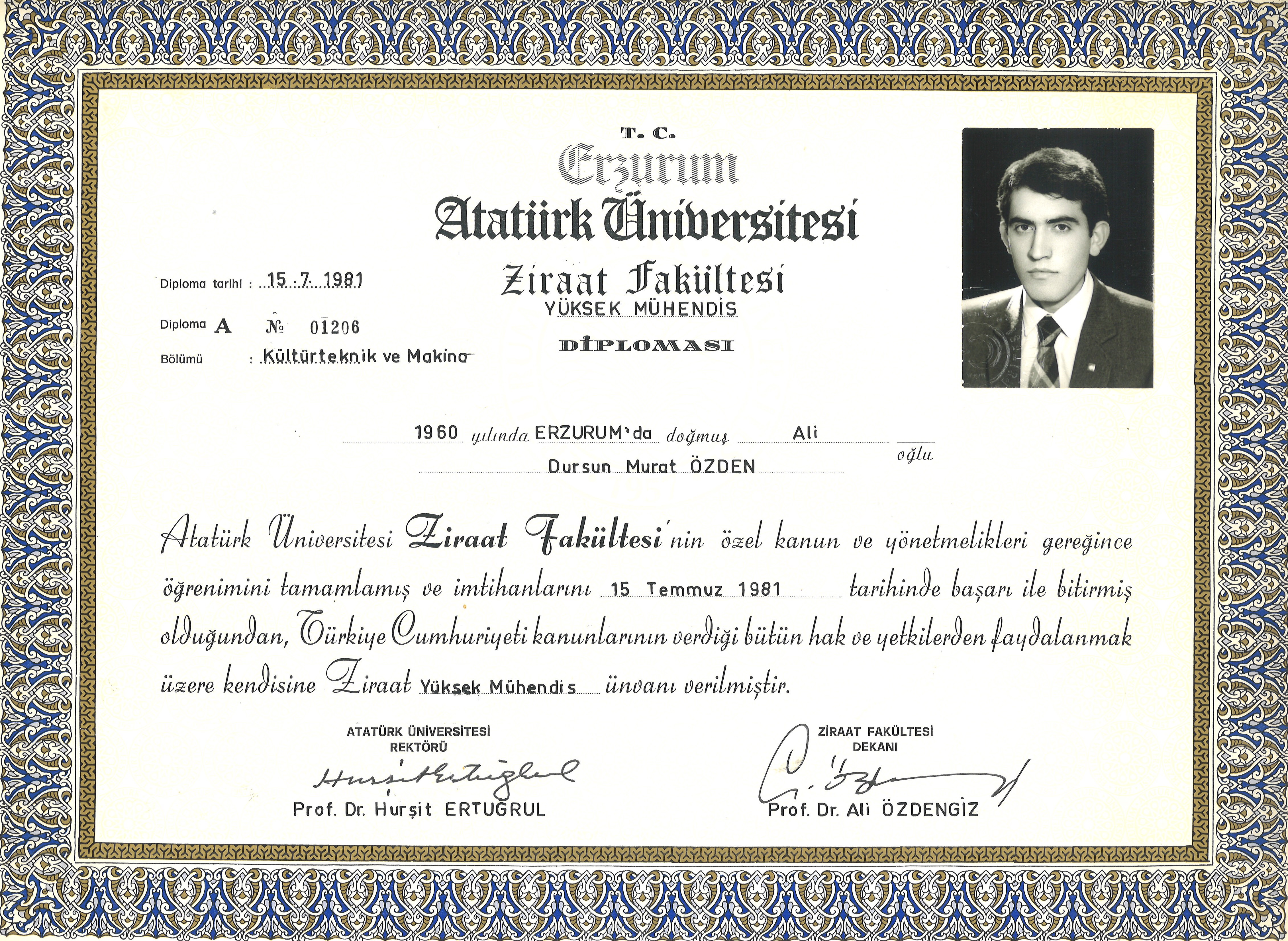 Atatürk Üniversitesi Ziraat Fakültesi Diploması