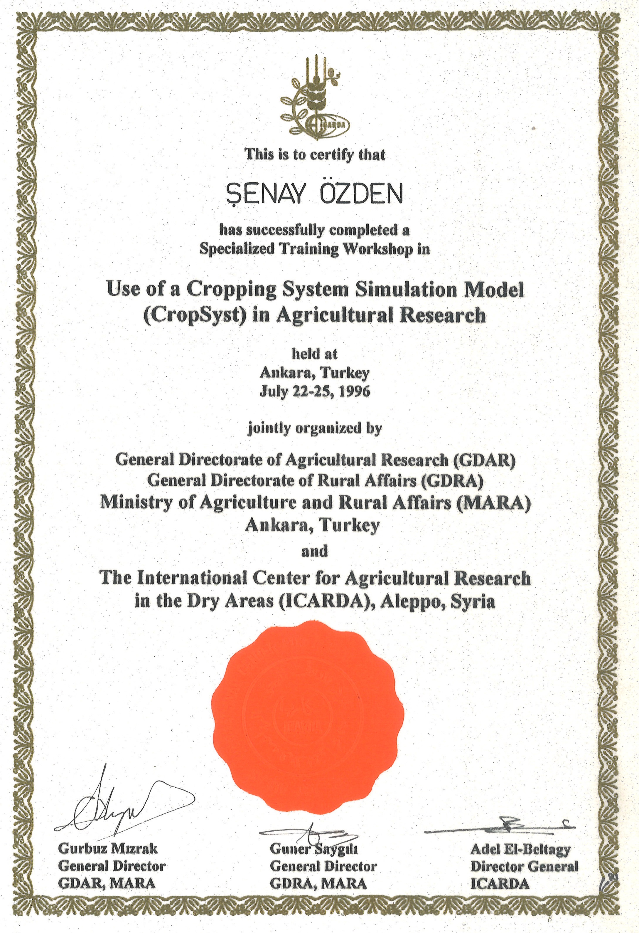 ICARDA CropSyst Eğitimi 22-25 Temmuz 1996