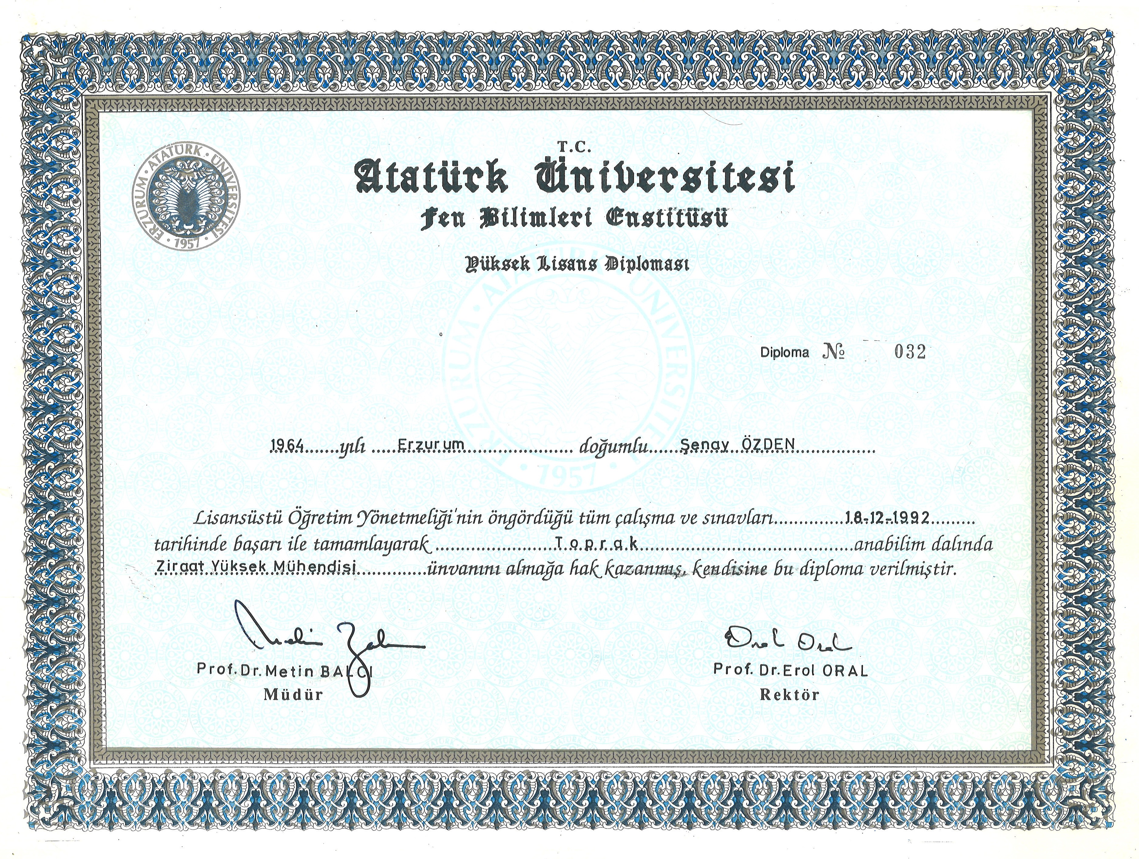 Atatürk Üniversitesi Fen Bilimleri Enstitüsü Yüksek Lisans Diploması