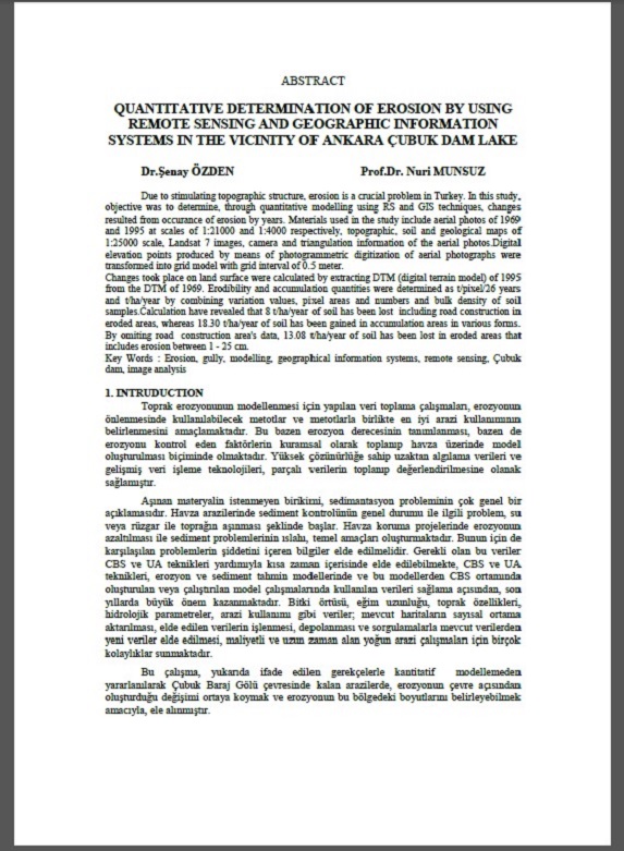 Quantitative Determination of Erosion by Using Remote Sensing and Geographic Information Systems in The Vicinity of Ankara Çubuk Dam Lake